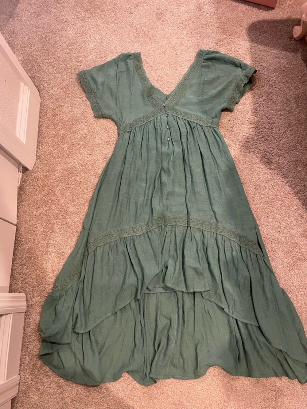 Bohemian Sage Green High-Low Maxi Dress with V-Neck